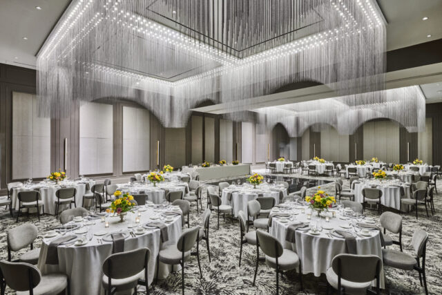 Birmingham, MI wedding venue decorated with gray tables and chairs