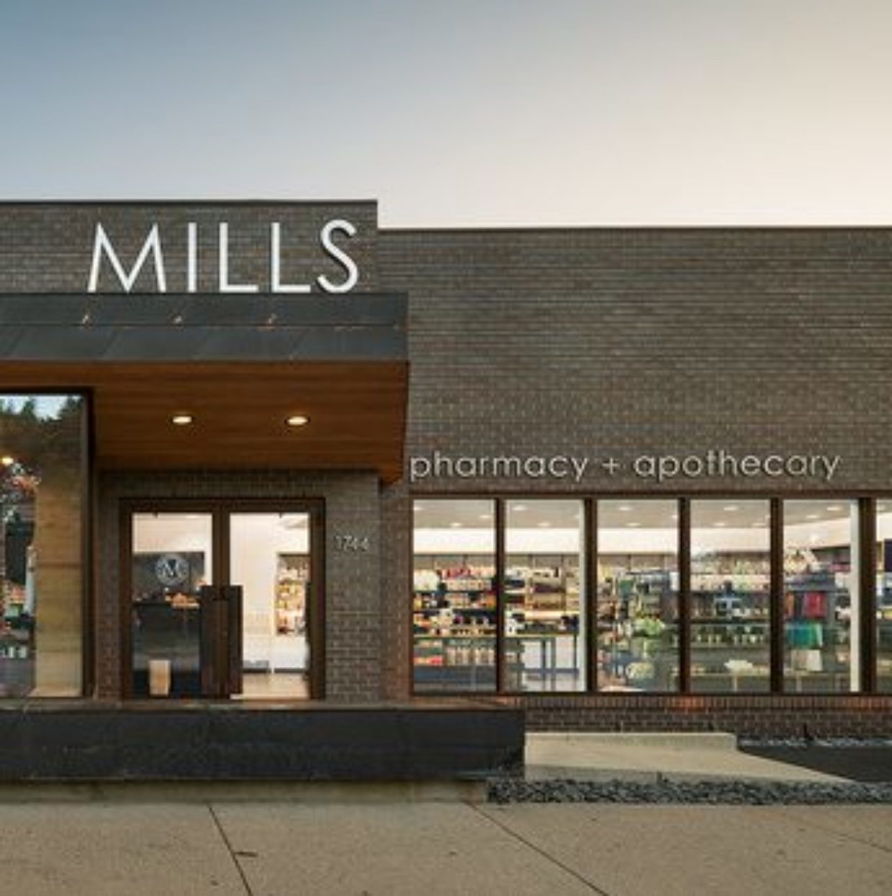 Exterior shot of Mills Pharmacy near our hotel in Birmingham, Michigan