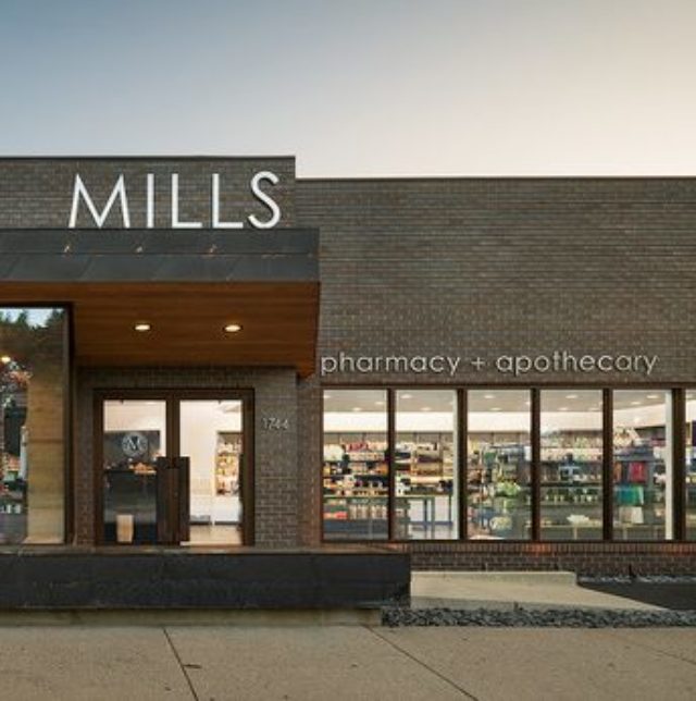 Exterior shot of Mills Pharmacy near our hotel in Birmingham, Michigan